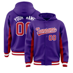 Custom Purple Red Color Block Varsity Full-Snap Letterman Hoodie Jacket