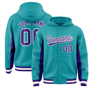 Custom Aqua Purple Color Block Varsity Full-Snap Letterman Hoodie Jacket