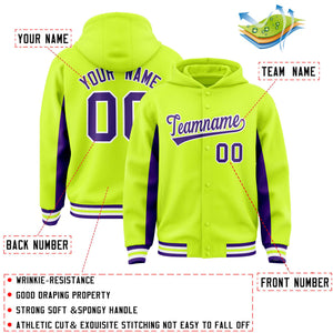 Custom Neon Green Purple Color Block Varsity Full-Snap Letterman Hoodie Jacket