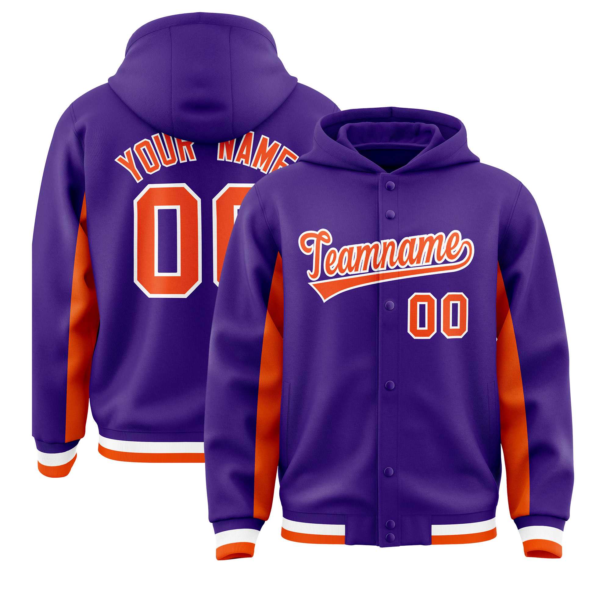 Custom Purple Orange Color Block Varsity Full-Snap Letterman Hoodie Jacket