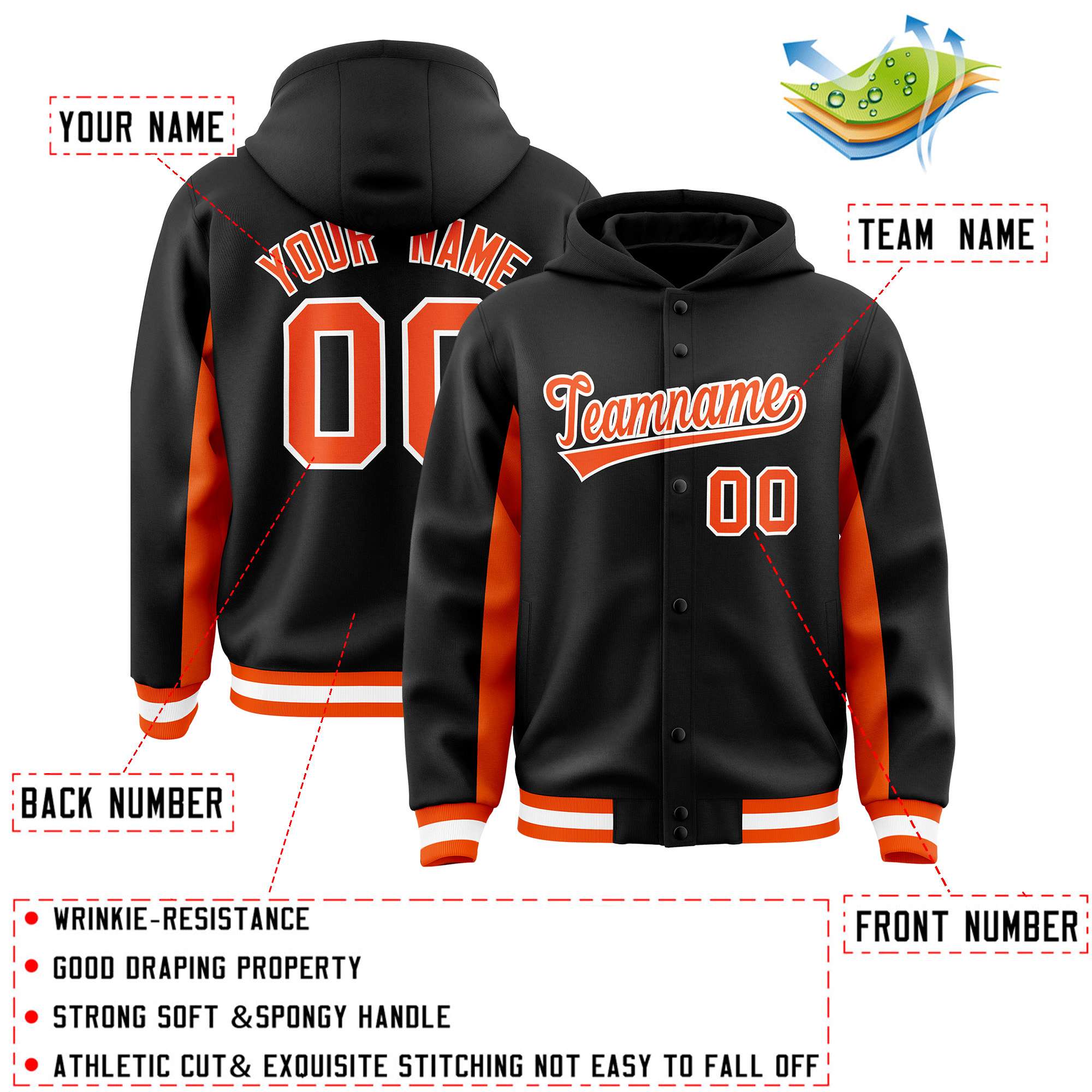 Custom Black Orange Color Block Varsity Full-Snap Letterman Hoodie Jacket