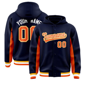 Custom Navy Orange Color Block Varsity Full-Snap Letterman Hoodie Jacket