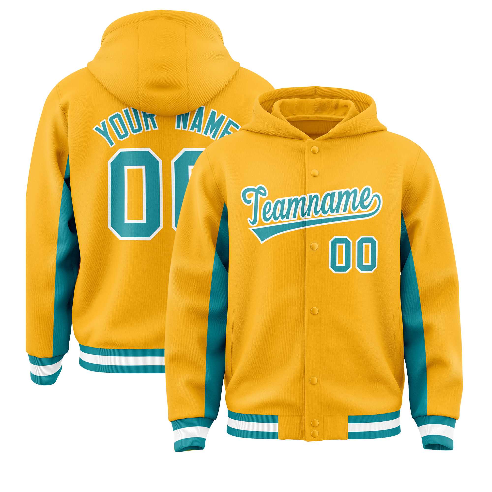 Custom Gold Aqua Color Block Varsity Full-Snap Letterman Hoodie Jacket