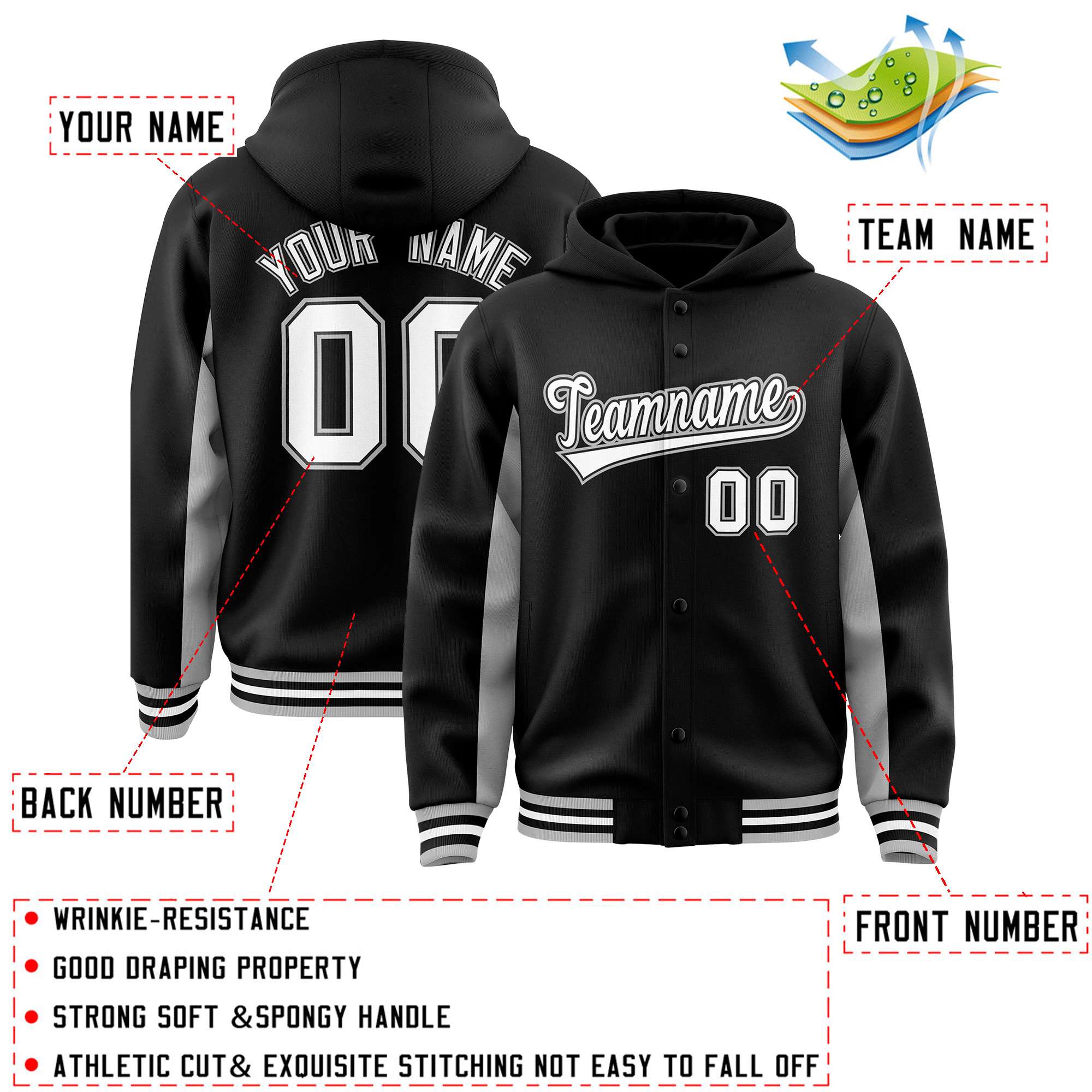 Custom Black Gray Color Block Varsity Full-Snap Letterman Hoodie Jacket