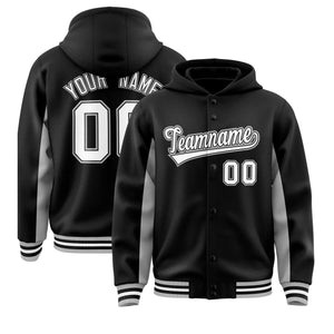 Custom Black Gray Color Block Varsity Full-Snap Letterman Hoodie Jacket