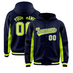 Custom Navy Neon Green Color Block Varsity Full-Snap Letterman Hoodie Jacket