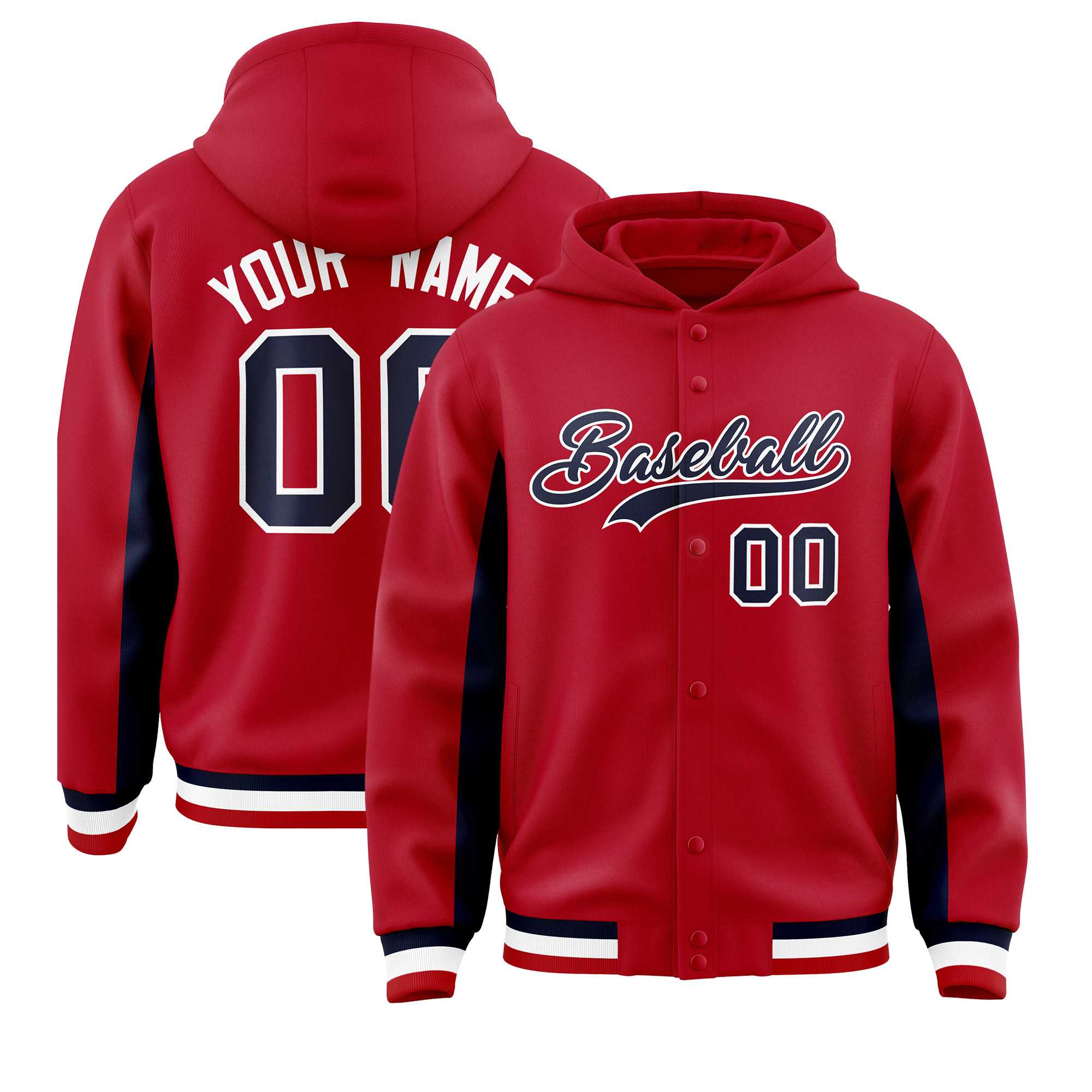 Custom Red Navy Color Block Varsity Full-Snap Letterman Hoodie Jacket