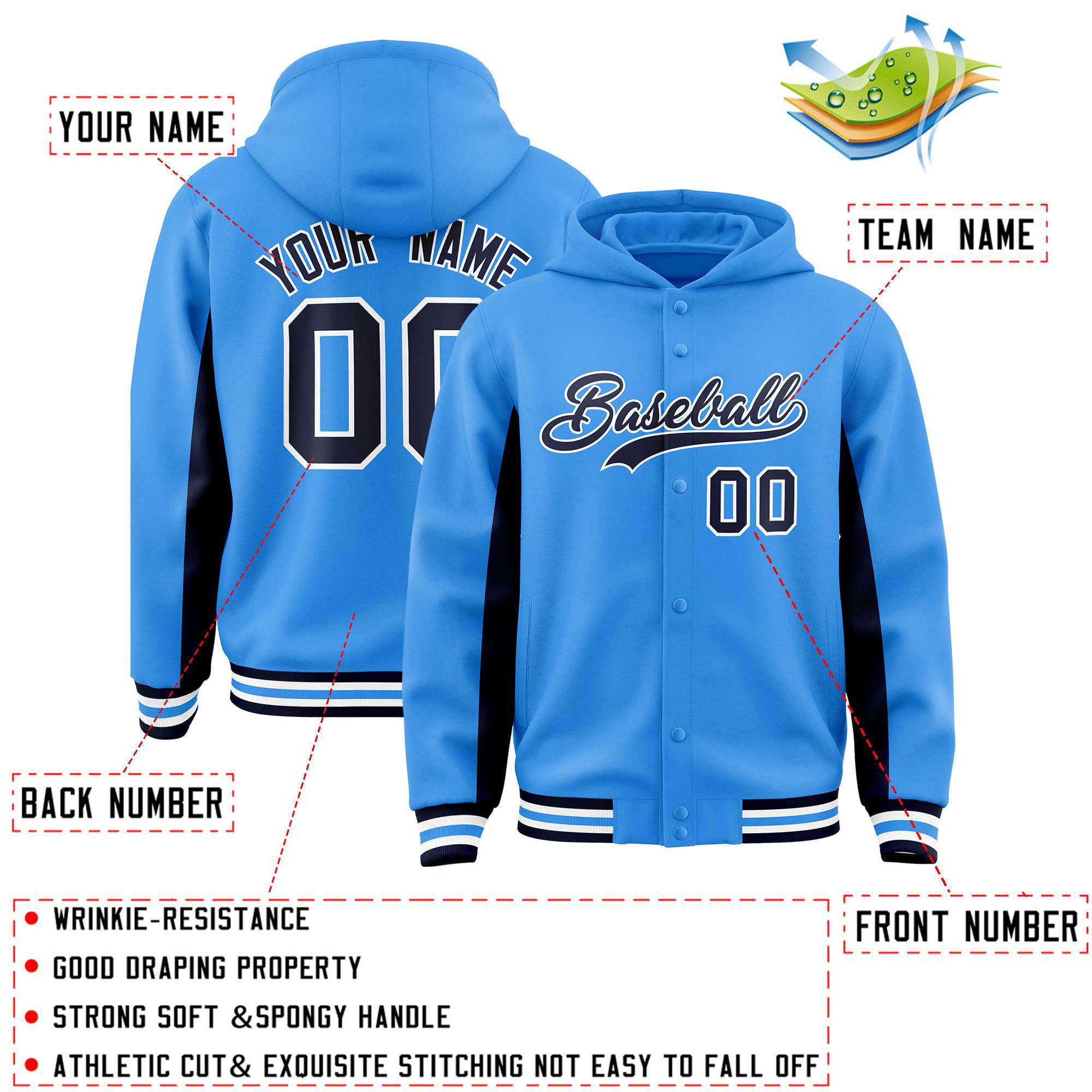 Custom Powder Blue Navy Color Block Varsity Full-Snap Letterman Hoodie Jacket