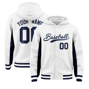 Custom White Navy Color Block Varsity Full-Snap Letterman Hoodie Jacket