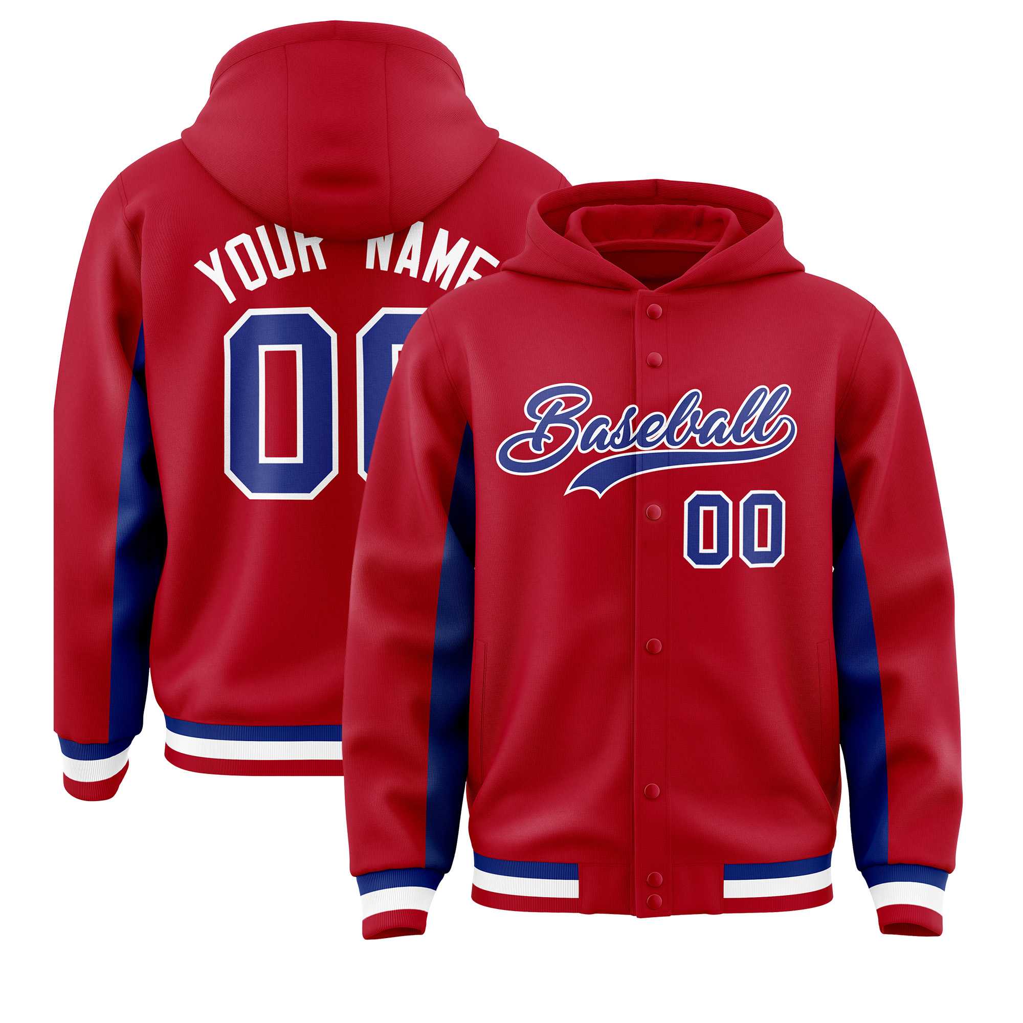 Custom Red Royal Color Block Varsity Full-Snap Letterman Hoodie Jacket