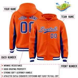 Custom Orange Royal Color Block Varsity Full-Snap Letterman Hoodie Jacket