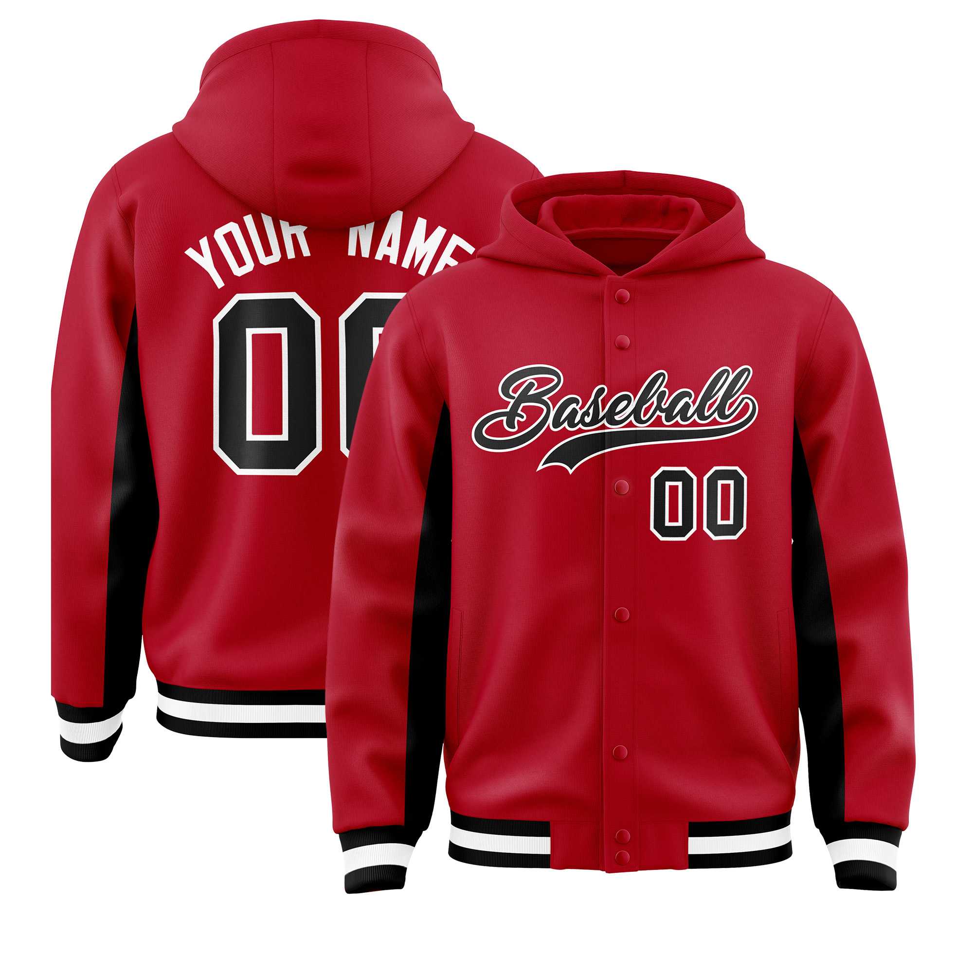 Custom Red Black Color Block Varsity Full-Snap Letterman Hoodie Jacket