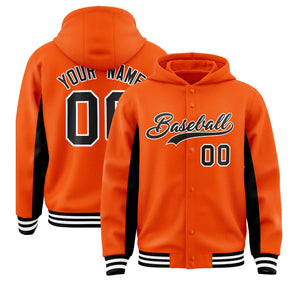 Custom Orange Black Color Block Varsity Full-Snap Letterman Hoodie Jacket