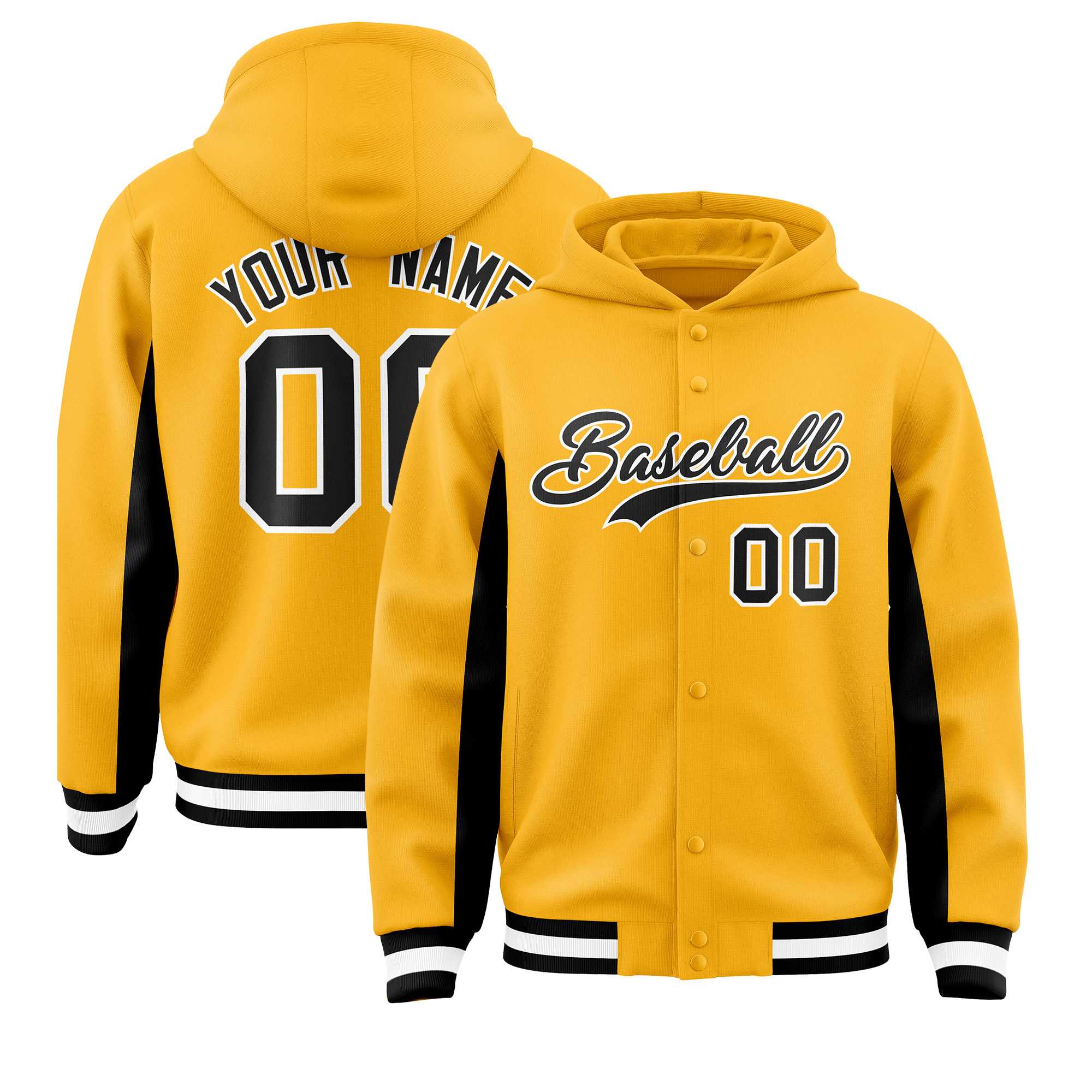 Custom Gold Black Color Block Varsity Full-Snap Letterman Hoodie Jacket