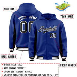 Custom Royal Black Color Block Varsity Full-Snap Letterman Hoodie Jacket