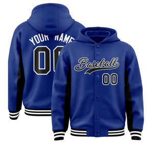 Custom Royal Black Color Block Varsity Full-Snap Letterman Hoodie Jacket