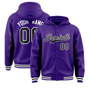 Custom Purple Black Color Block Varsity Full-Snap Letterman Hoodie Jacket