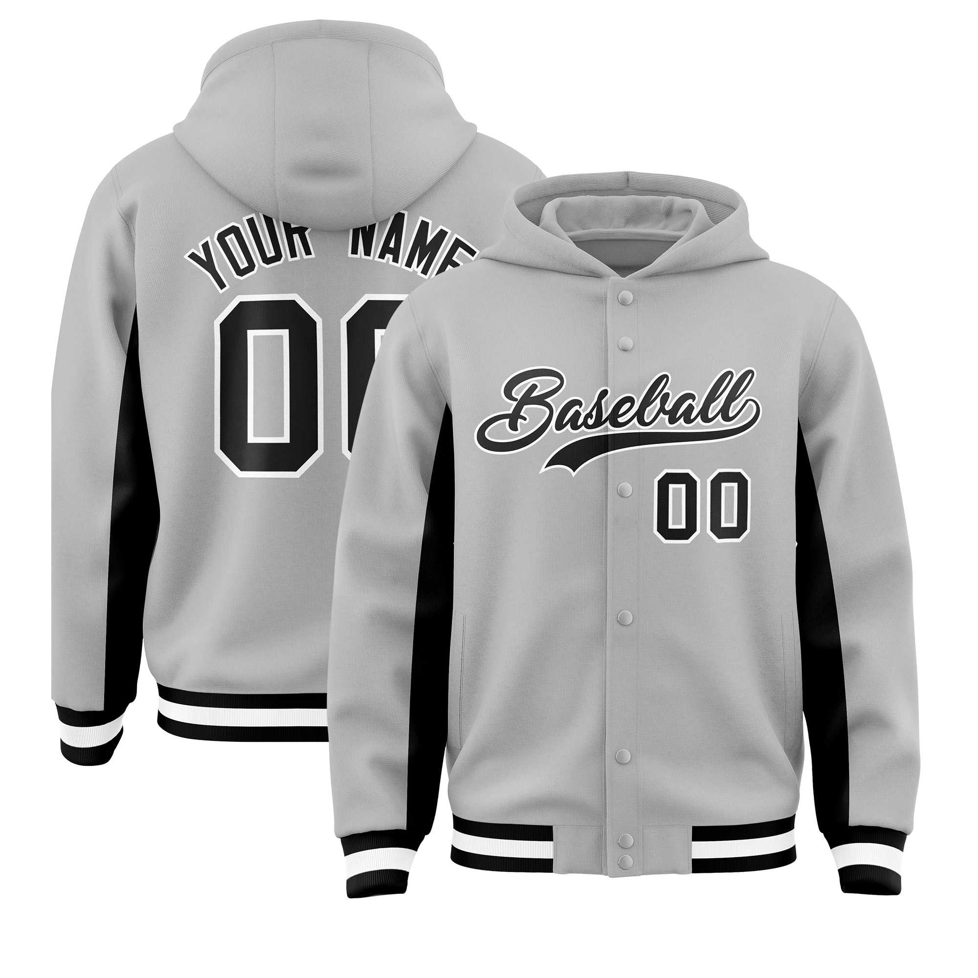 Custom Gray Black Color Block Varsity Full-Snap Letterman Hoodie Jacket