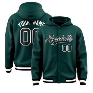 Custom Midnight Green Black Color Block Varsity Full-Snap Letterman Hoodie Jacket