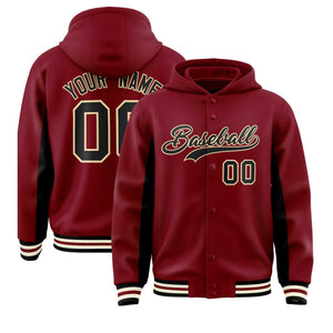 Custom Crimson Black Color Block Varsity Full-Snap Letterman Hoodie Jacket