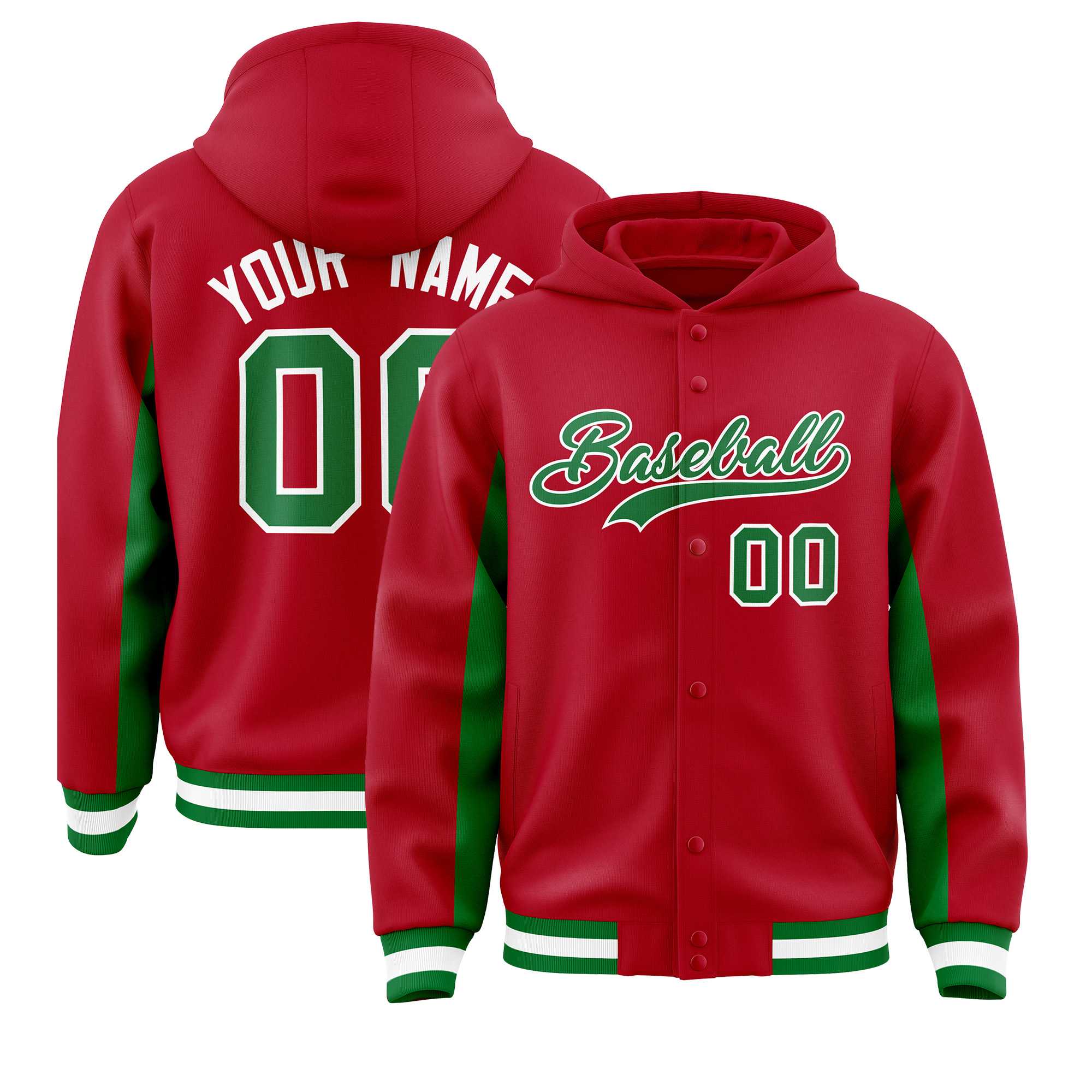 Custom Red Kelly Green Color Block Varsity Full-Snap Letterman Hoodie Jacket