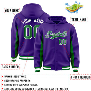 Custom Purple Kelly Green Color Block Varsity Full-Snap Letterman Hoodie Jacket