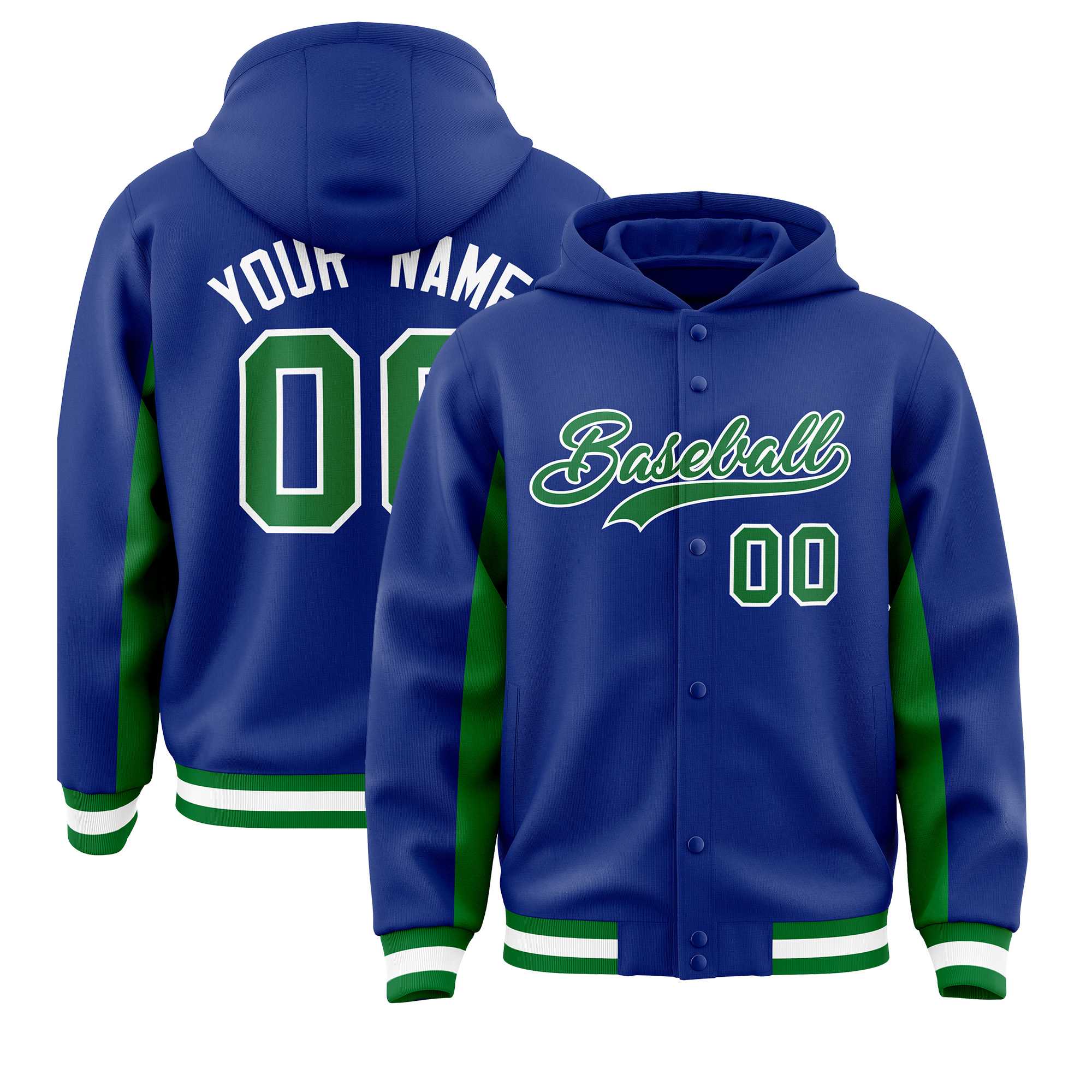 Custom Royal Kelly Green Color Block Varsity Full-Snap Letterman Hoodie Jacket