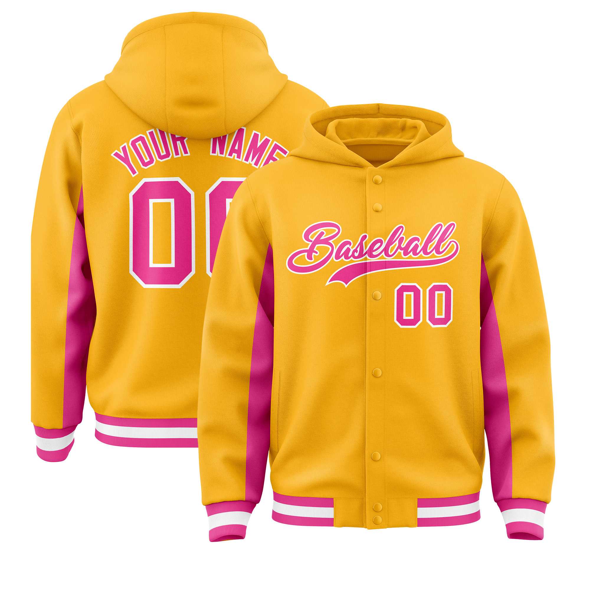 Custom Gold Pink Color Block Varsity Full-Snap Letterman Hoodie Jacket