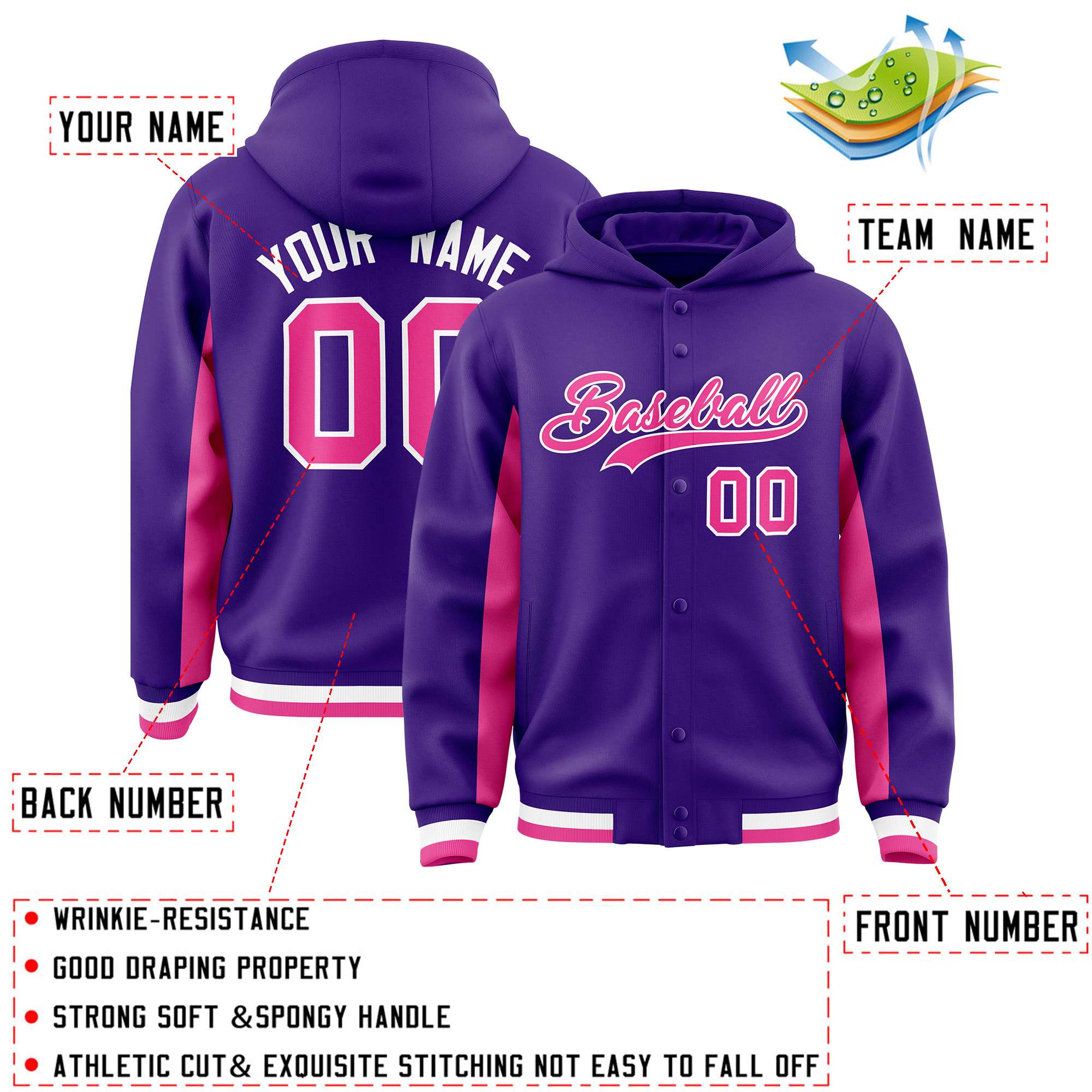 Custom Purple Pink Color Block Varsity Full-Snap Letterman Hoodie Jacket