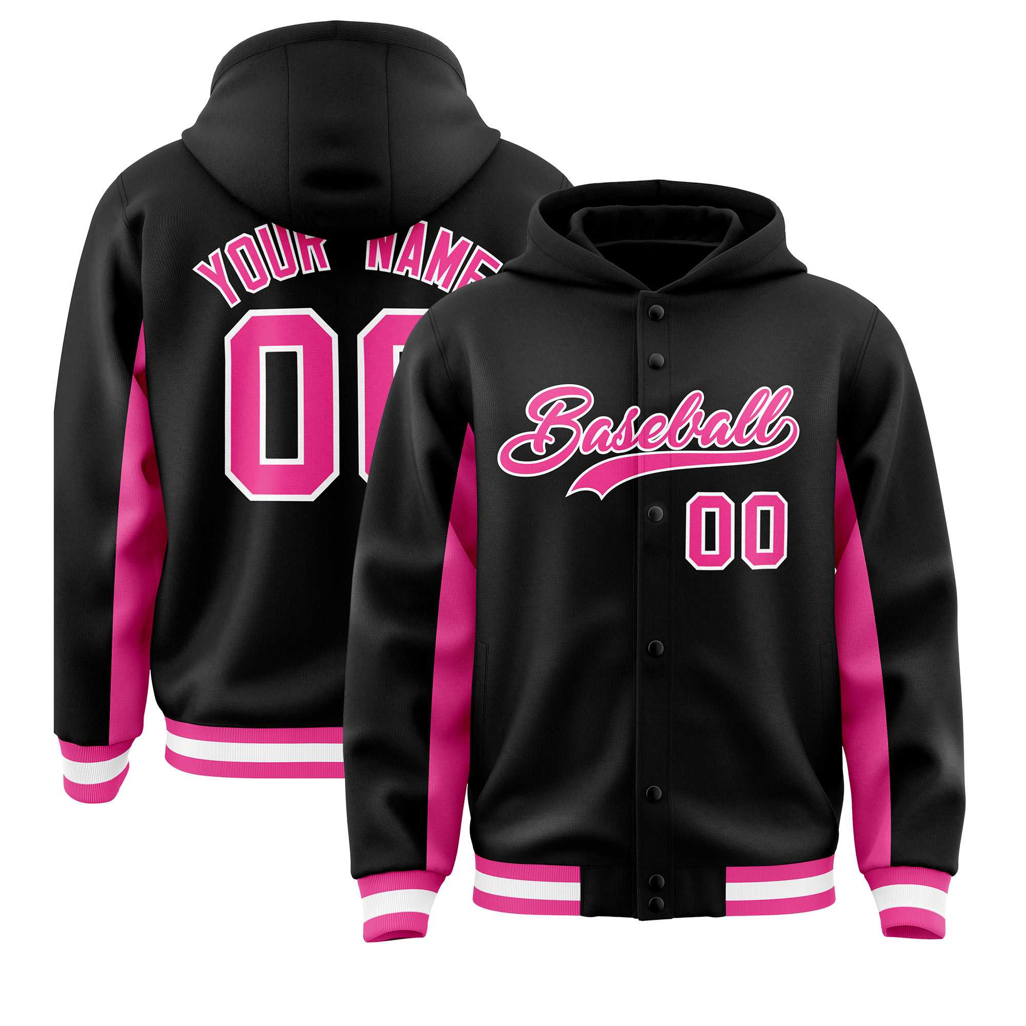 Custom Black Pink Color Block Varsity Full-Snap Letterman Hoodie Jacket