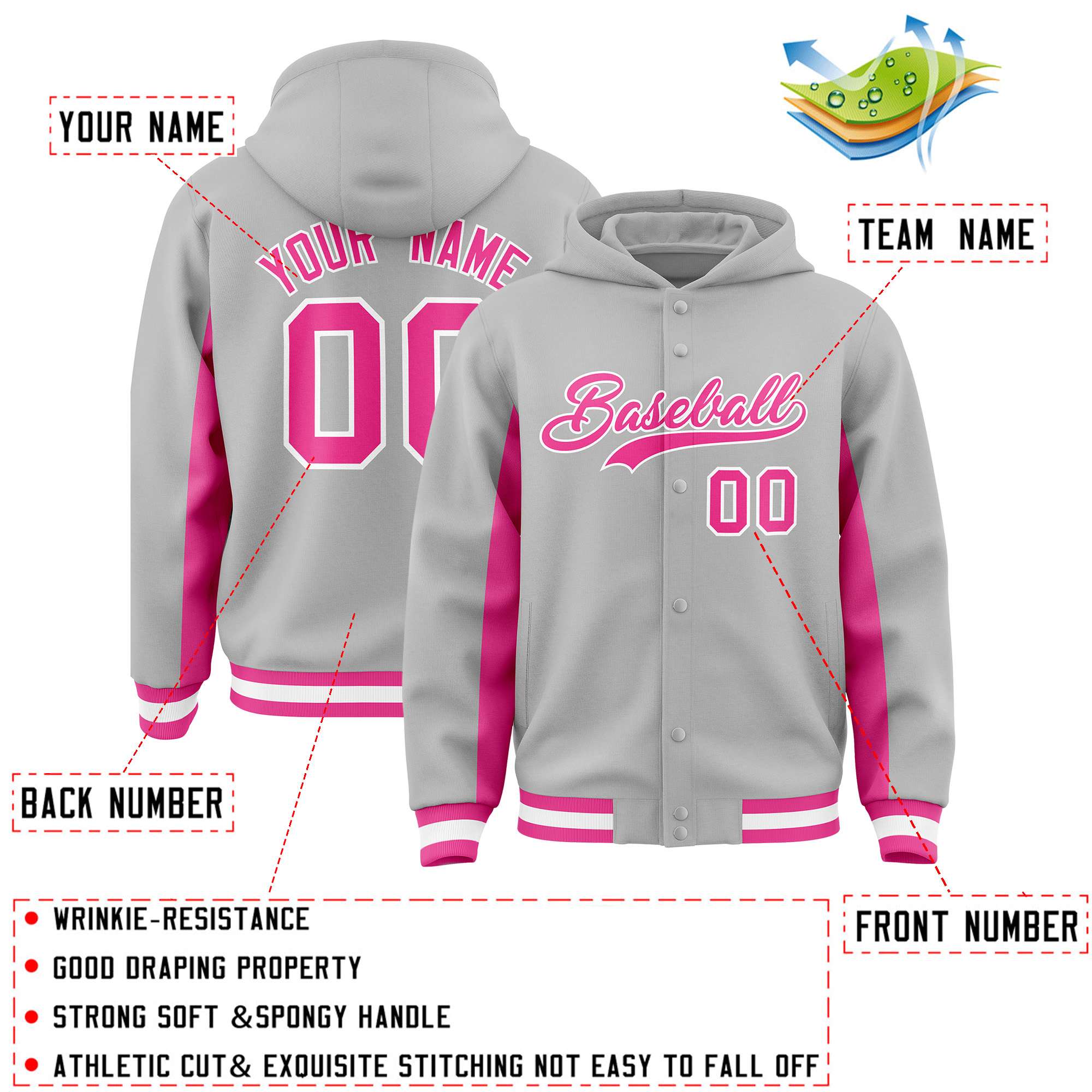 Custom Gray Pink Color Block Varsity Full-Snap Letterman Hoodie Jacket