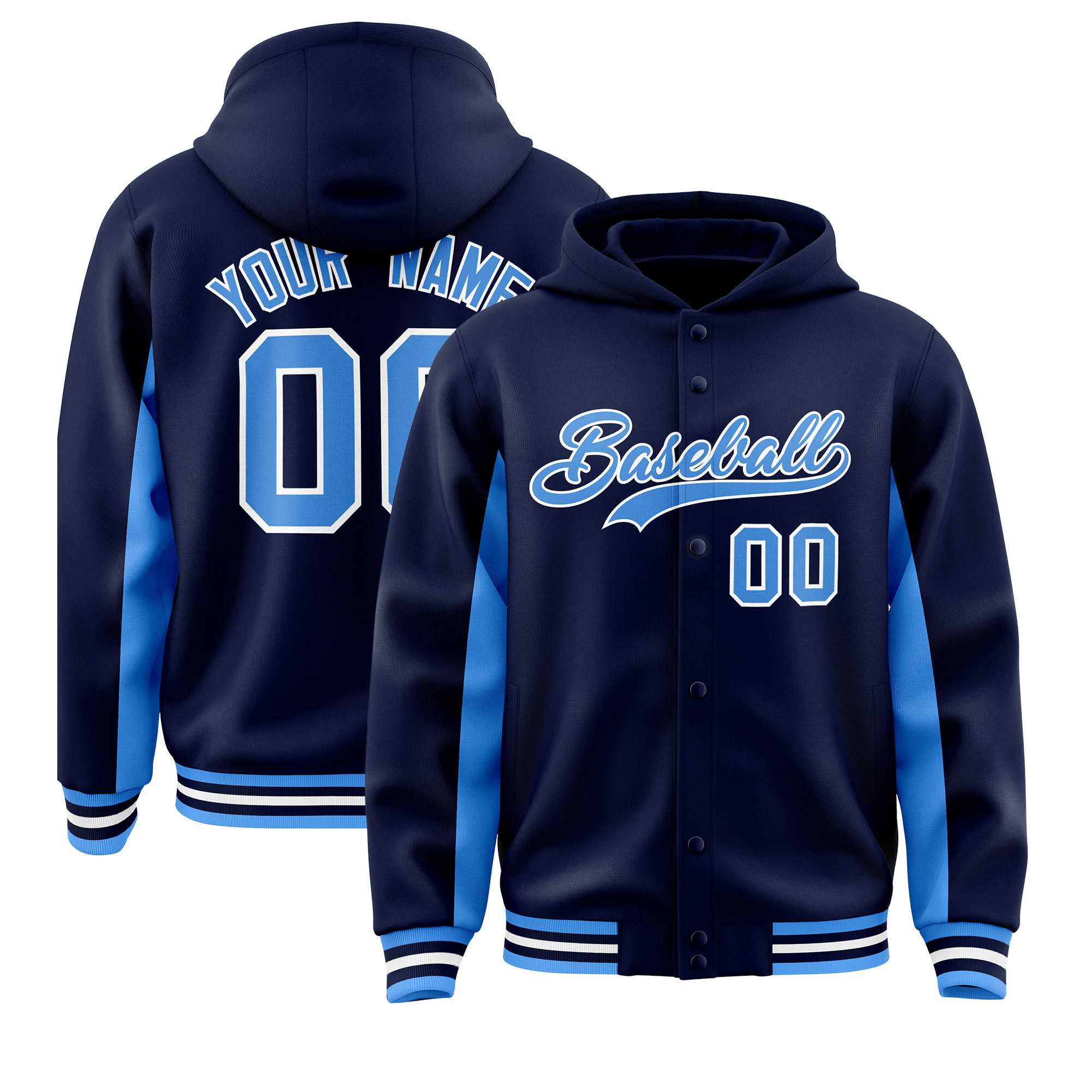 Custom Navy Powder Blue Color Block Varsity Full-Snap Letterman Hoodie Jacket