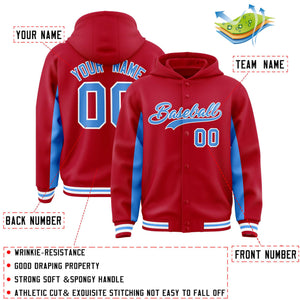 Custom Red Powder Blue Color Block Varsity Full-Snap Letterman Hoodie Jacket