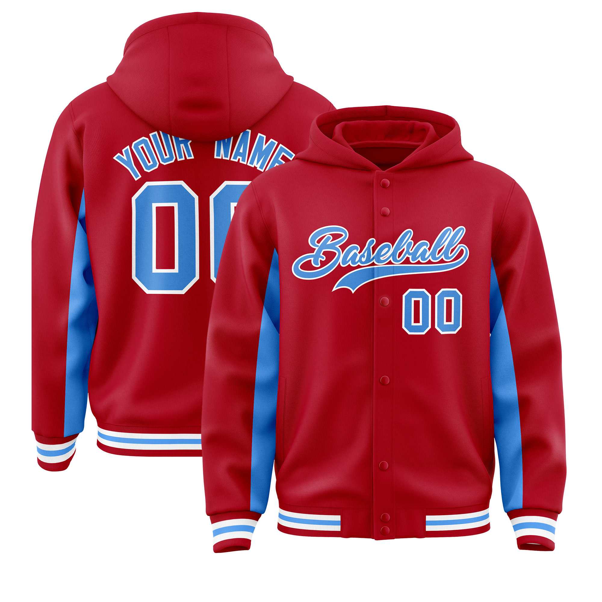 Custom Red Powder Blue Color Block Varsity Full-Snap Letterman Hoodie Jacket