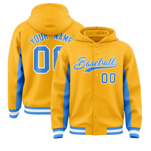 Custom Gold Powder Blue Color Block Varsity Full-Snap Letterman Hoodie Jacket