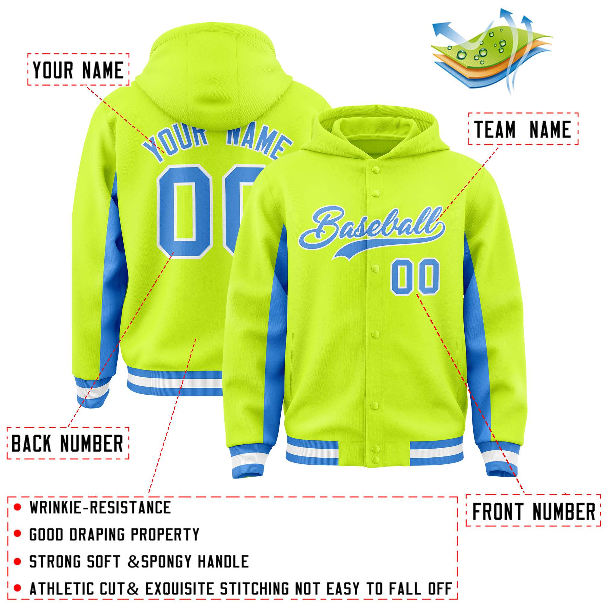 Custom Neon Green Powder Blue Color Block Varsity Full-Snap Letterman Hoodie Jacket