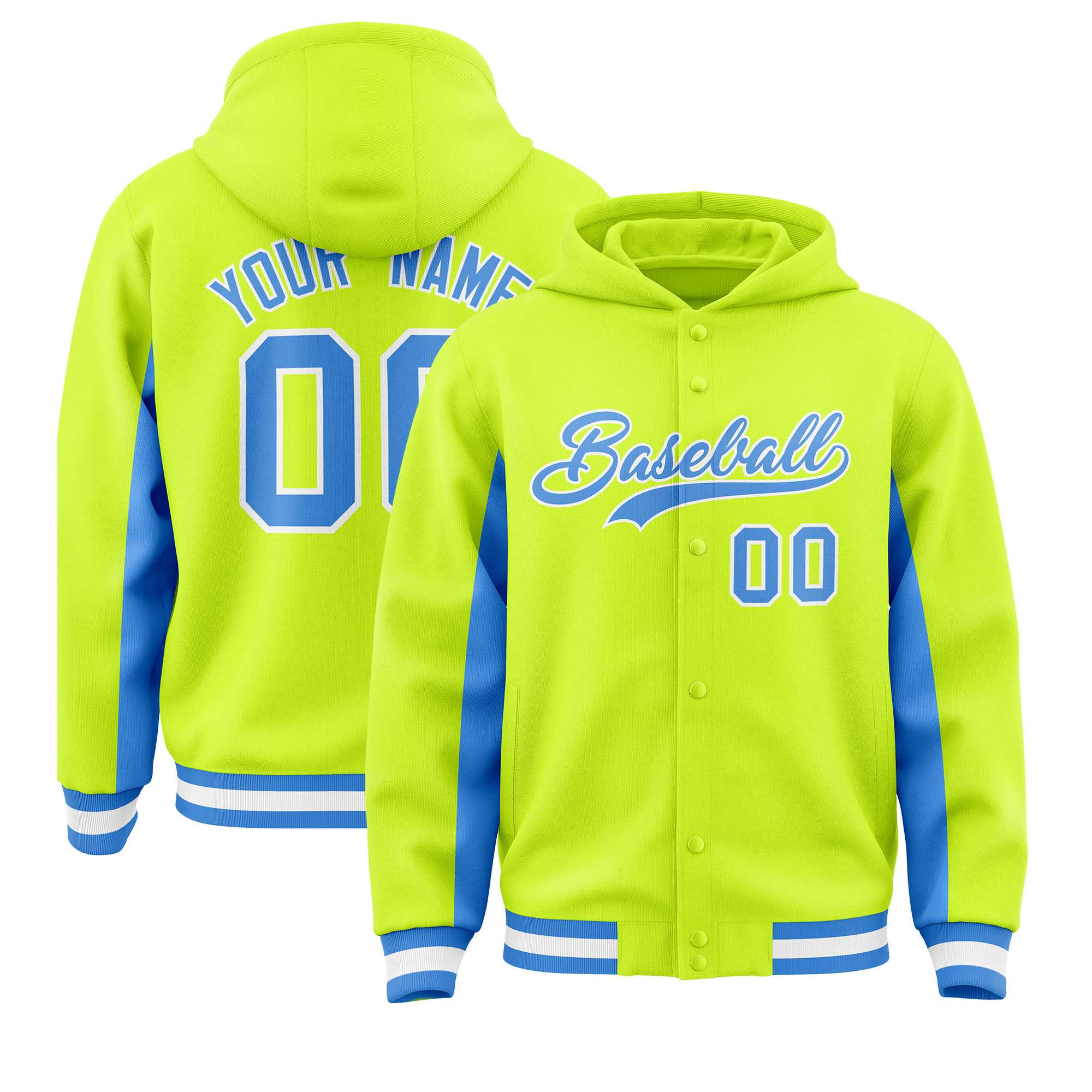 Custom Neon Green Powder Blue Color Block Varsity Full-Snap Letterman Hoodie Jacket