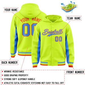 Custom Neon Green Powder Blue Color Block Varsity Full-Snap Letterman Hoodie Jacket