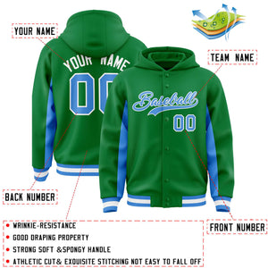 Custom Kelly Green Powder Blue Color Block Varsity Full-Snap Letterman Hoodie Jacket