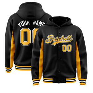 Custom Black Gold Color Block Varsity Full-Snap Letterman Hoodie Jacket