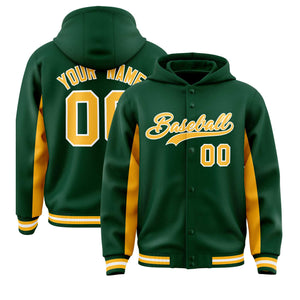 Custom Green Gold Color Block Varsity Full-Snap Letterman Hoodie Jacket