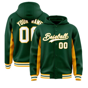 Custom Green Gold Color Block Varsity Full-Snap Letterman Hoodie Jacket