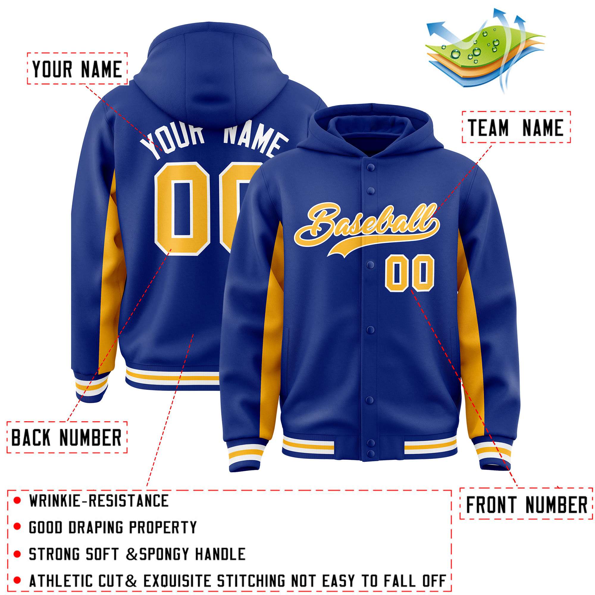 Custom Royal Gold Color Block Varsity Full-Snap Letterman Hoodie Jacket