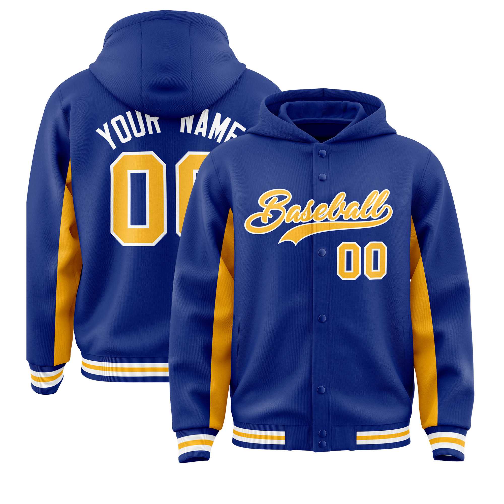 Custom Royal Gold Color Block Varsity Full-Snap Letterman Hoodie Jacket