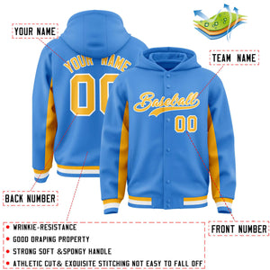 Custom Powder Blue Gold Color Block Varsity Full-Snap Letterman Hoodie Jacket