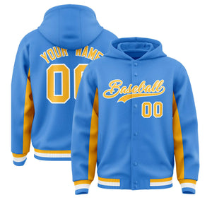 Custom Powder Blue Gold Color Block Varsity Full-Snap Letterman Hoodie Jacket