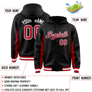 Custom Black Red Color Block Varsity Full-Snap Letterman Hoodie Jacket