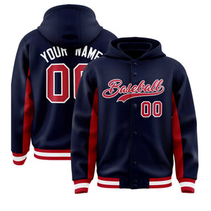 Custom Navy Red Color Block Varsity Full-Snap Letterman Hoodie Jacket