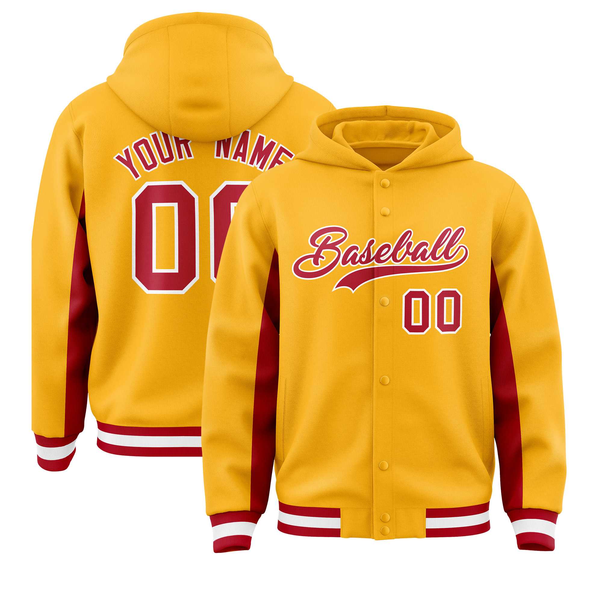 Custom Gold Red Color Block Varsity Full-Snap Letterman Hoodie Jacket