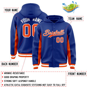 Custom Royal Orange Color Block Varsity Full-Snap Letterman Hoodie Jacket